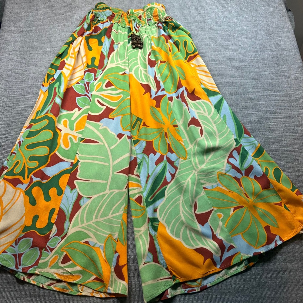 True Destinations Tropical Wide Leg Pants Womens Large Green Floral Smocked